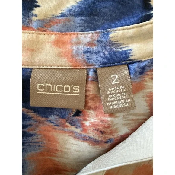 Chicos 2 Abstract Floral Blouse Top V Neck Roll Tab Slv Flowy Silky Satin Large - Picture 8 of 16
